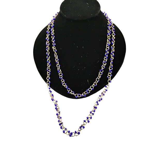 Vintage Womens Long Silver Tone Beaded Chain Link Necklace Blue Coastal Beach - Picture 2 of 5